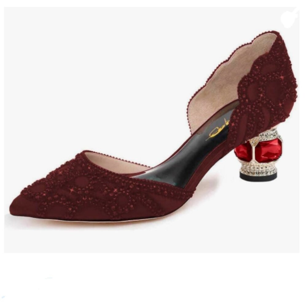 XYD Burgundy Pointed Toe D'Orsay Crystal Chunky Low Heels Pump